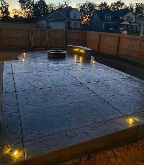 Stamped Concrete Pad with Fire Pit — Night Lights