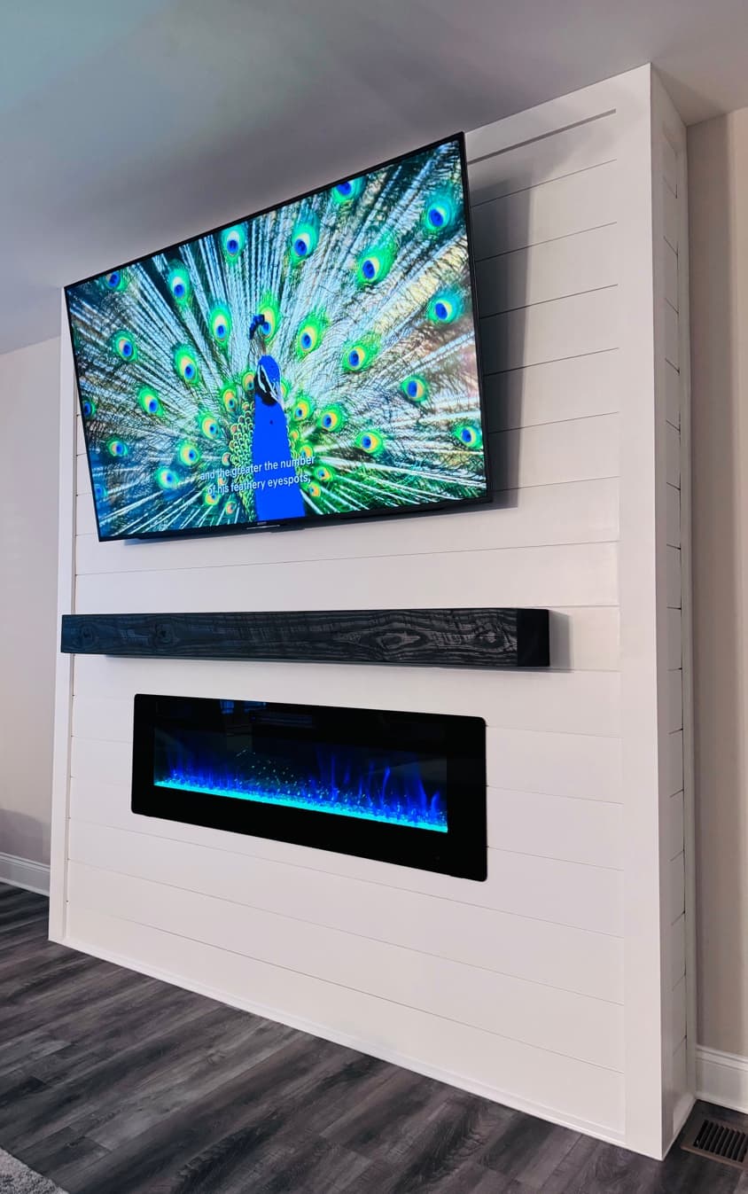 White Shiplap Fireplace Wall — Blue LED Flame