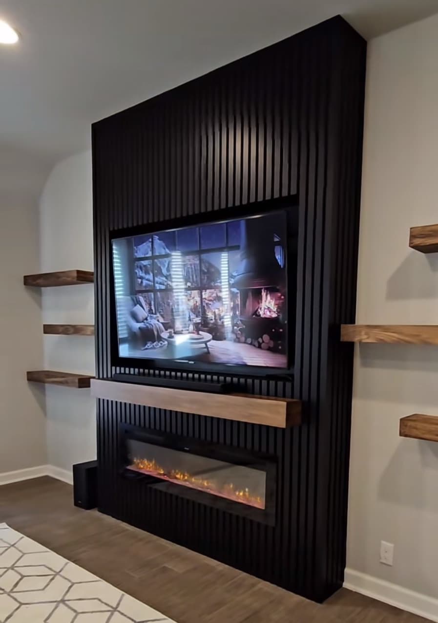 Black Slat Accent Wall — TV & Electric Fireplace